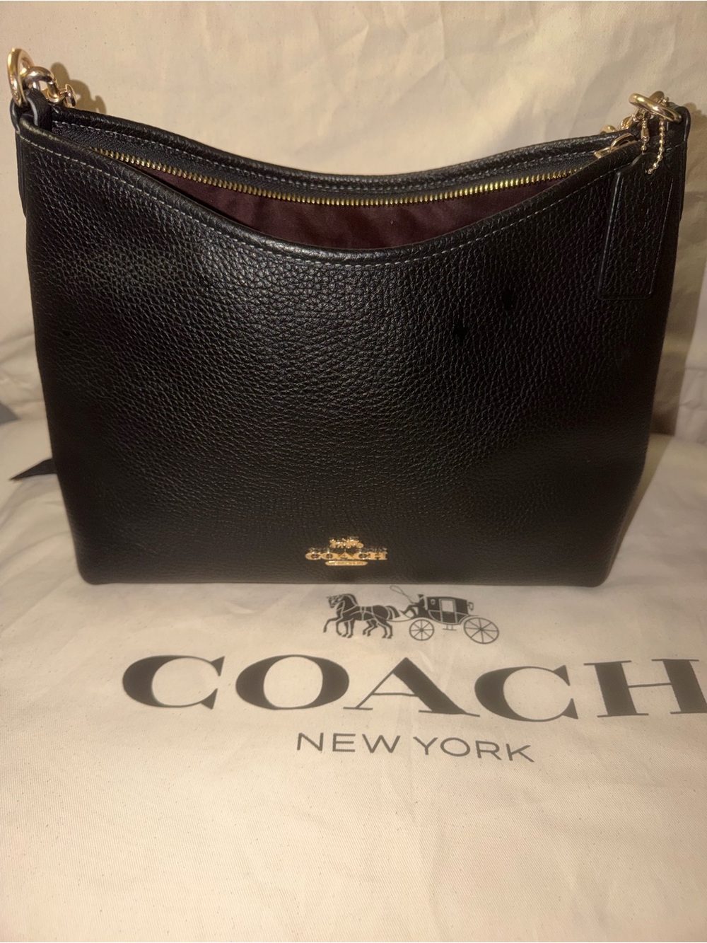 Coach Black Pebbled Leather Zip-Top Shoulder Bag with Gold Hardware